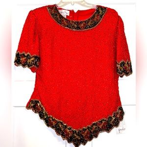 Vtg Laurence Kazar beaded holiday Christmas top Large NWT